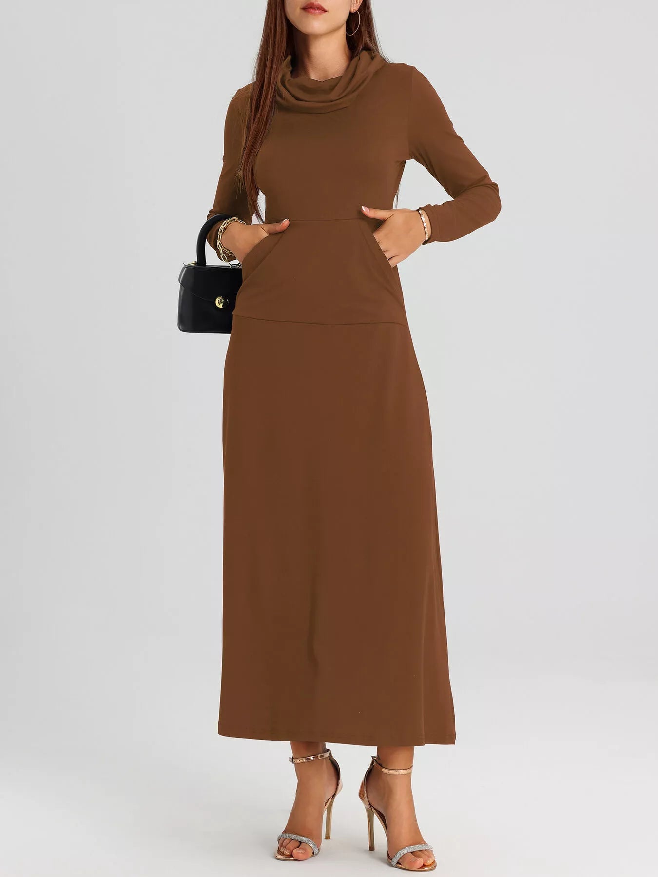 Cowl Neck Long Sleeve Midi Dress