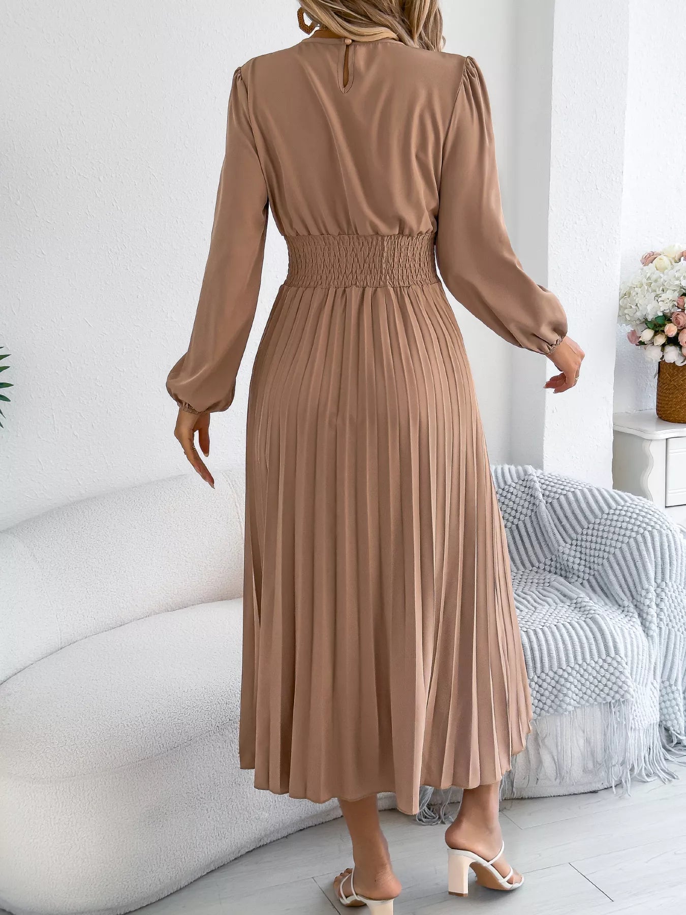 Smocked Pleated Long Sleeve Midi Dress