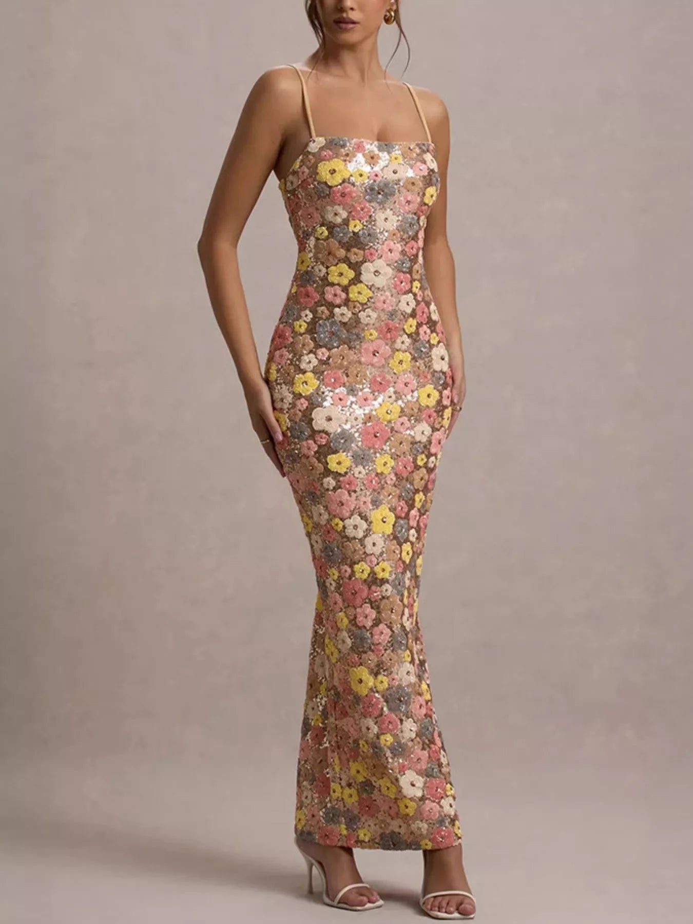 Floral Sequin Embellished Bodycon Maxi Dress