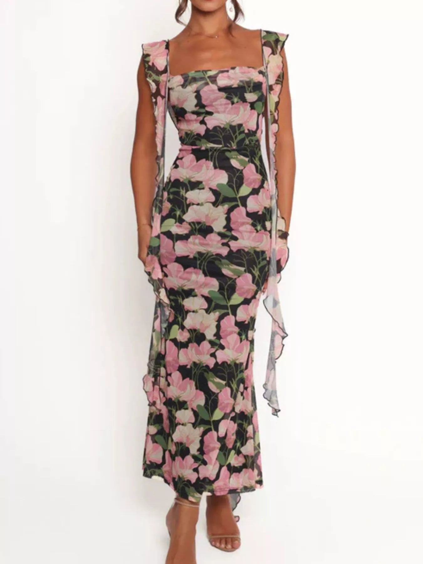 Floral Print Ruffle Trim Bodycon Maxi Dress