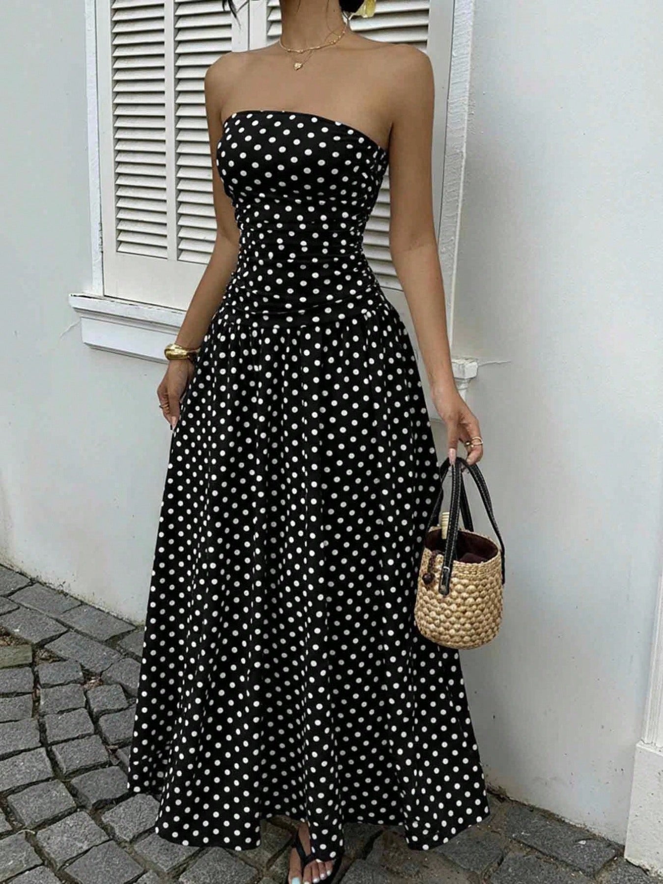 Polka Dot Ruched Strapless Maxi Dress