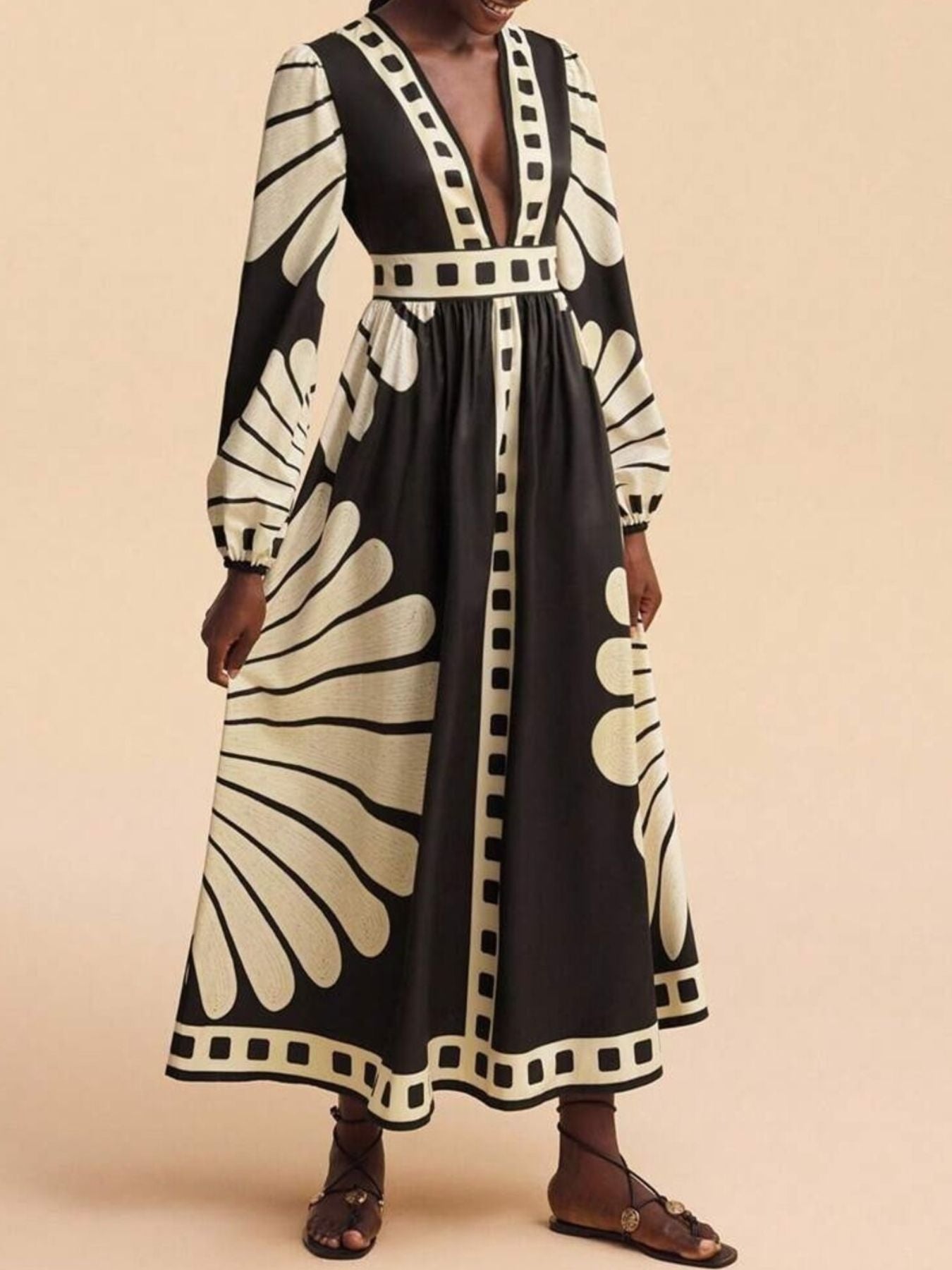 Printed Deep V-Neck Long Sleeve Dress