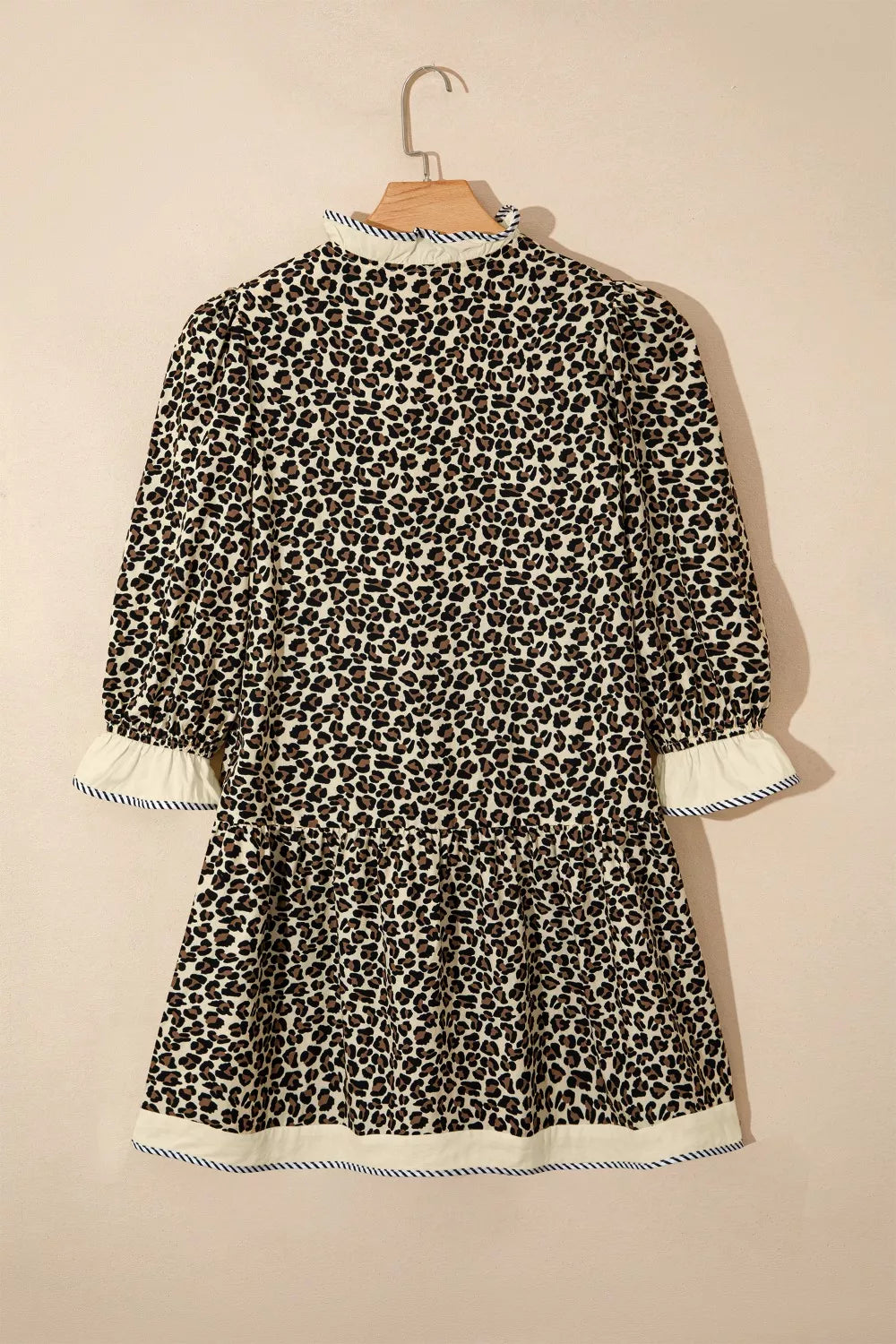 Leopard Print Striped Color Block Trim V Neck Bracelet Sleeve Mini Dress