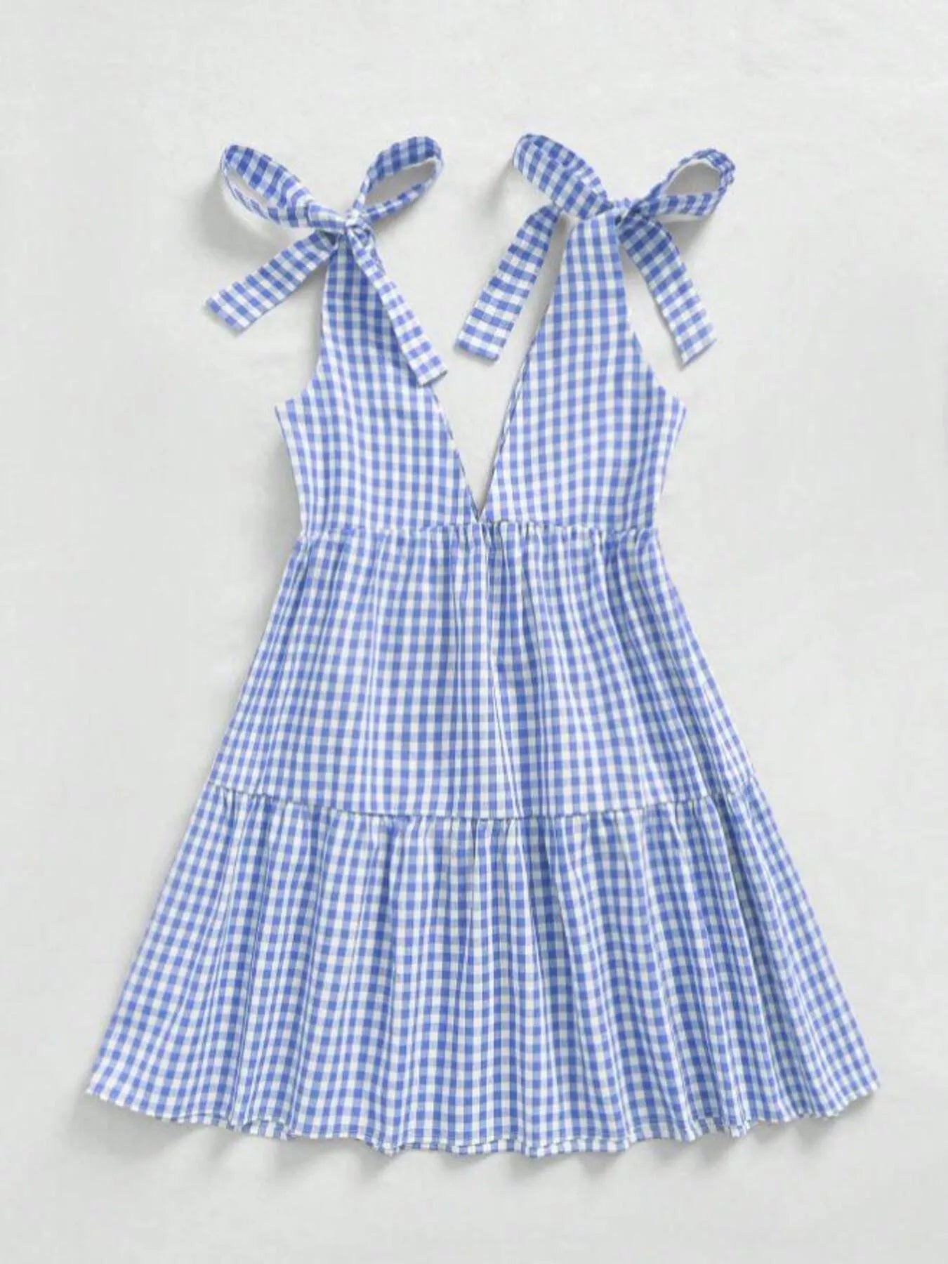 Gingham Tie-Shoulder Ruffle Hem Mini Dress