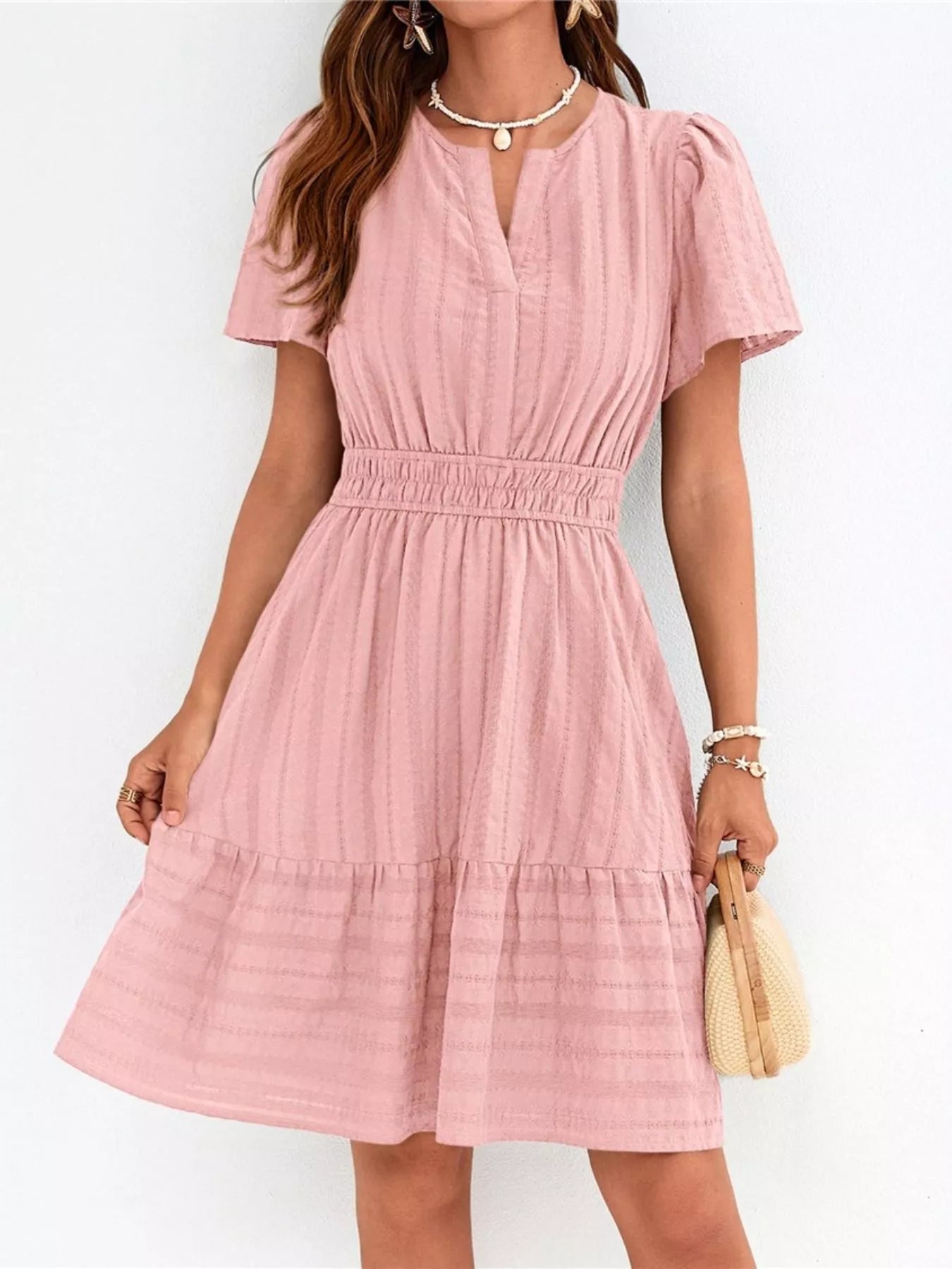 Short Sleeve Smocked Waist Tiered Dress