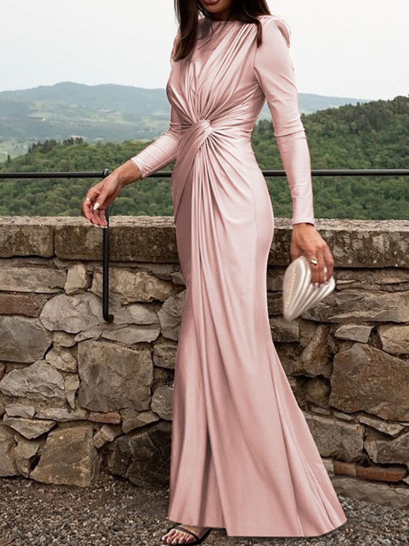 Ruched Knot Front Long Sleeve Maxi Dress
