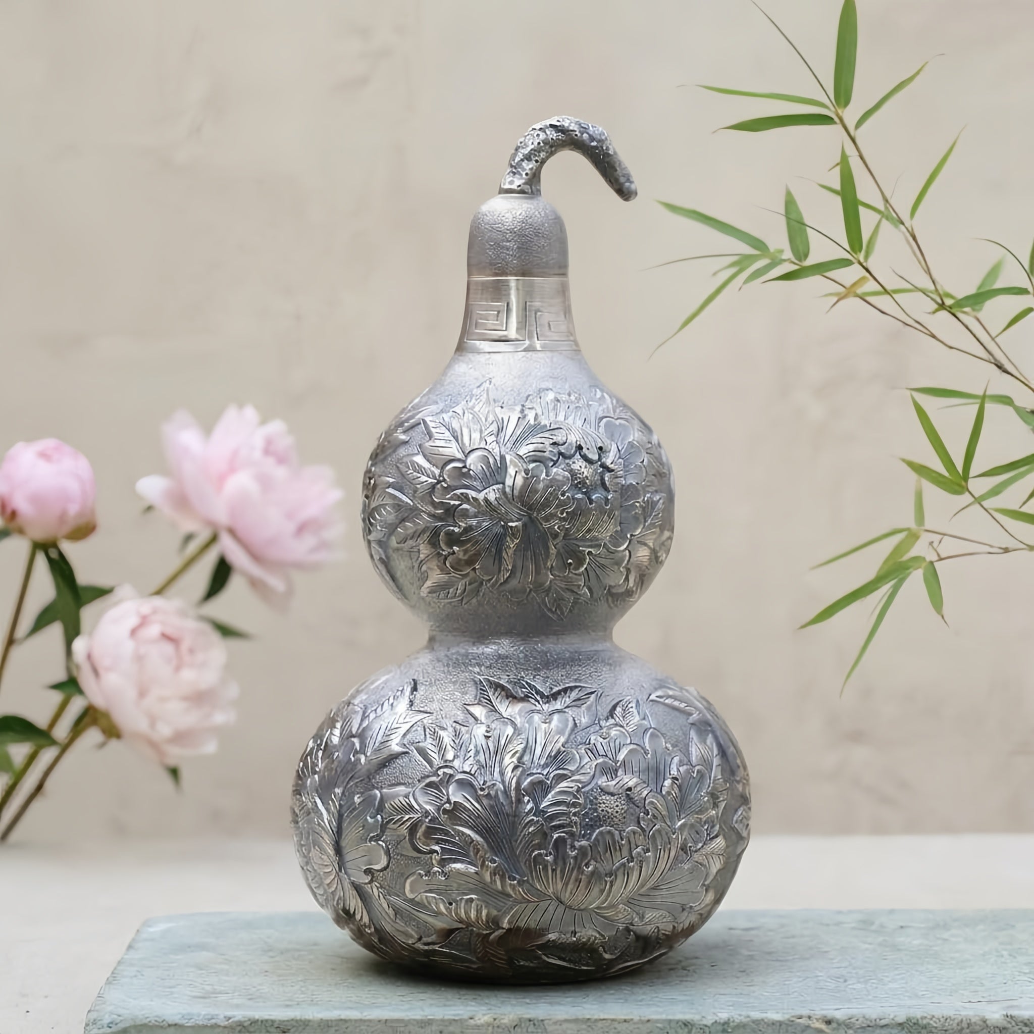 Pure 999 Fine Silver Ornate Silver-Toned Double Gourd Vessel with Intricate Floral Engravings - Handicraft