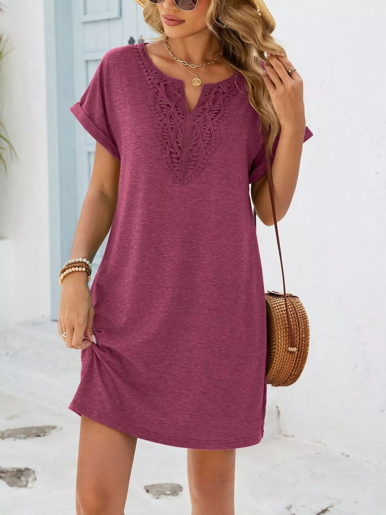 Lace Trim Notched Short Sleeve Dress