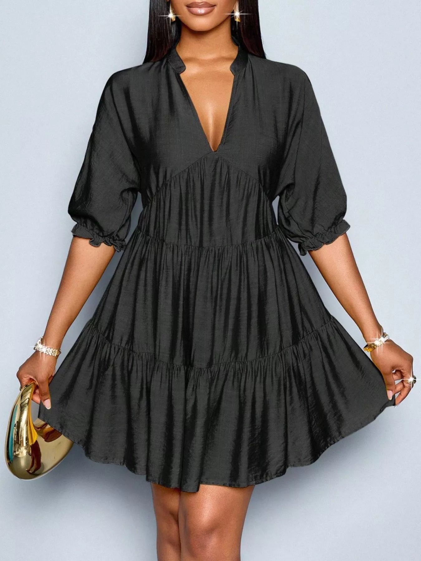 Notched Half Sleeve Tiered Dress