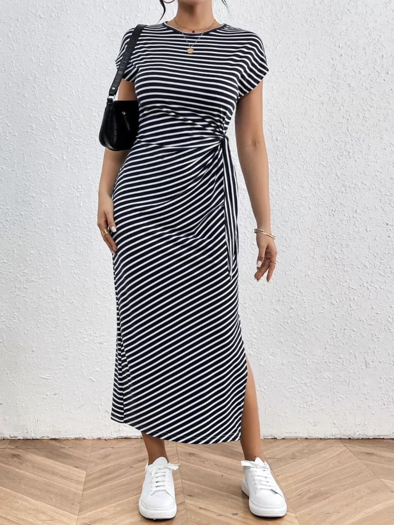 Striped Tie Side Casual Midi Dress