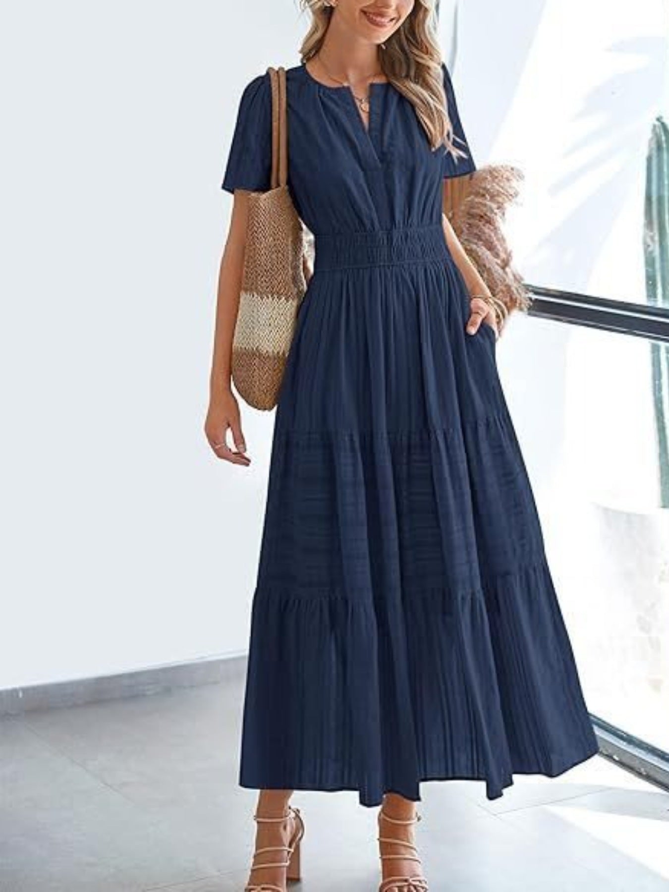 Notched Short Sleeve Tiered Dress