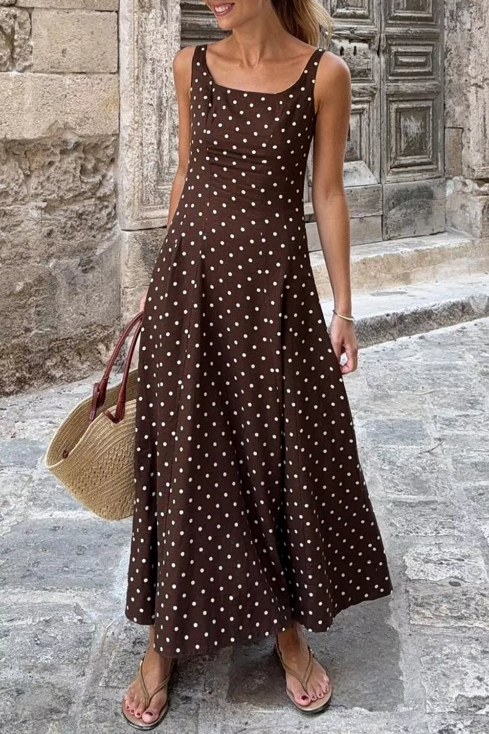 Polka Dot Print Square Neck Sleeveless Vacation Maxi Dress