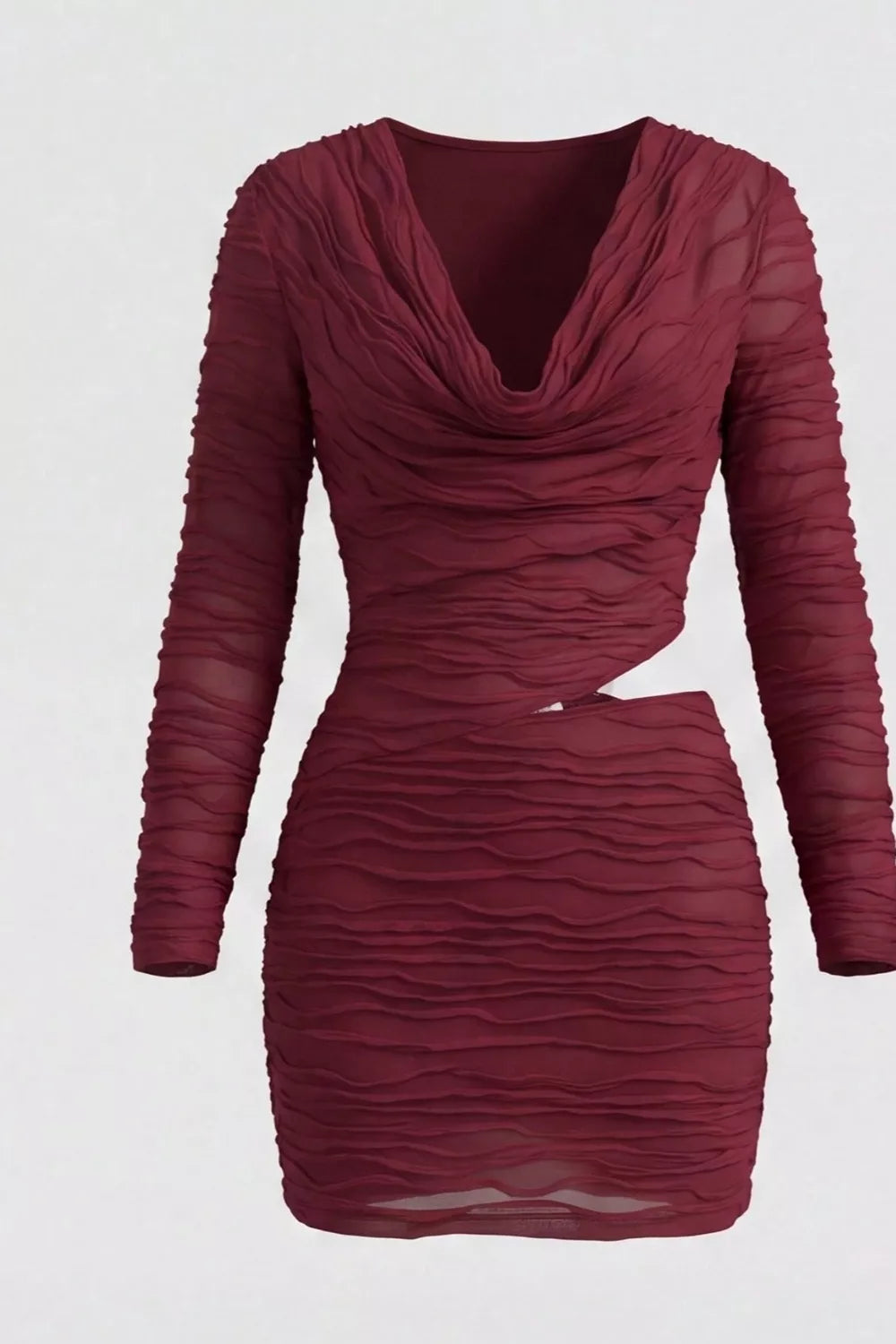 Ruched Cutout Cowl Neck Long Sleeve Mini Dress
