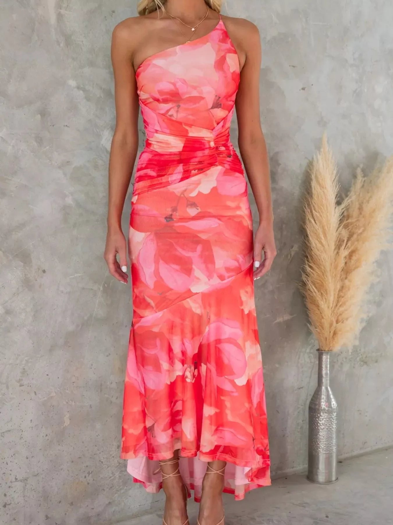 Floral Print One-Shoulder Ruched Maxi Dress