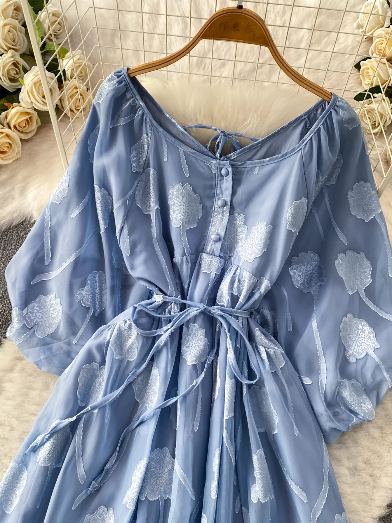 Button Front Puff Sleeve Chiffon Dress