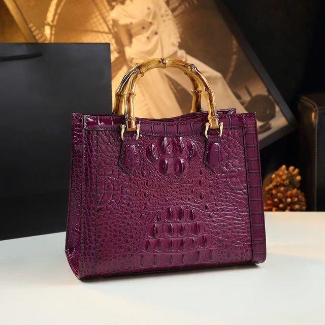 Brand Genuine Leather Bamboo Women's Bag Crocodile Pattern Ladies Handbag Portable Tote Bag Mom Tide Shoulder Messenger Bags