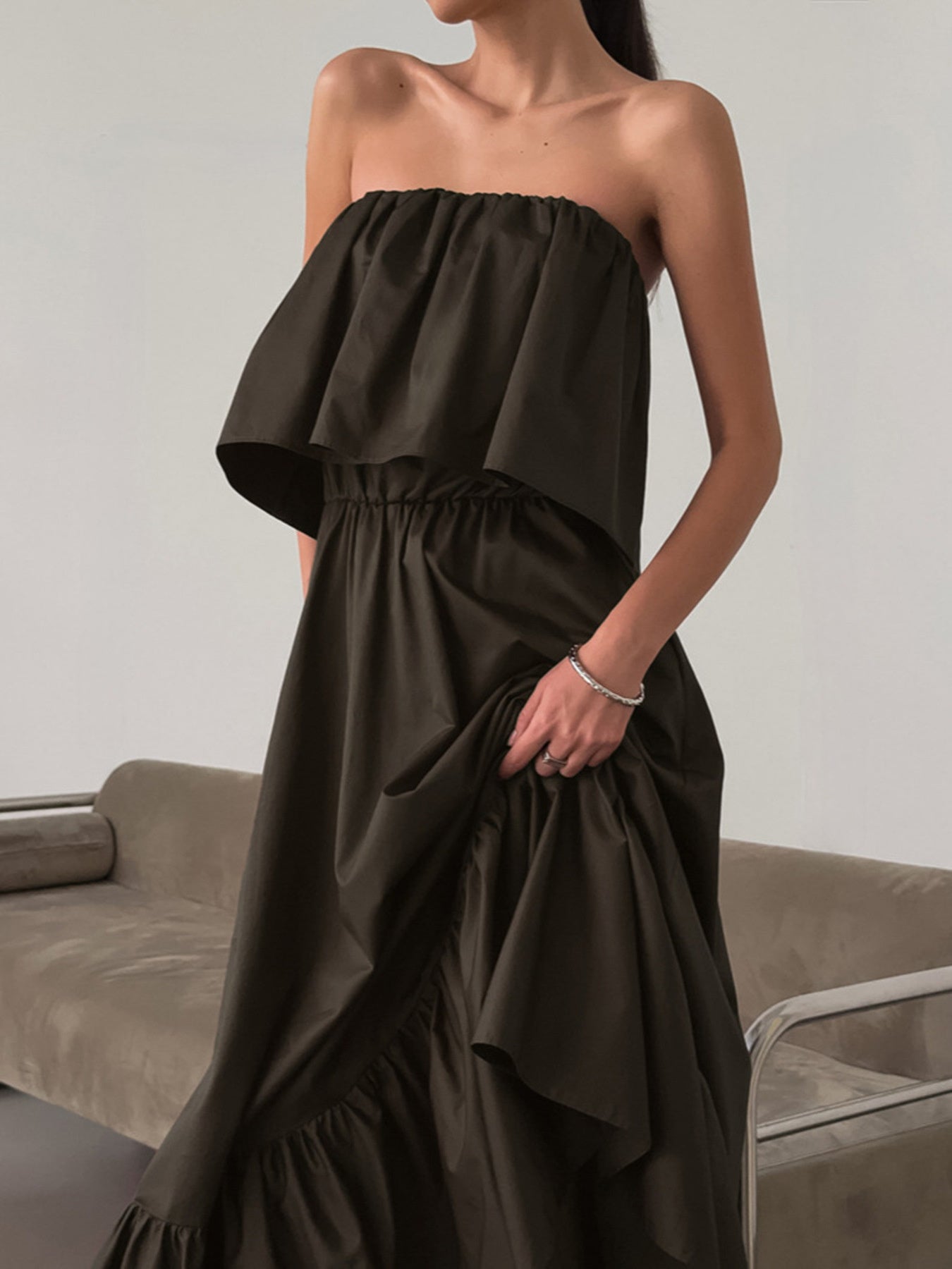 Off-Shoulder Ruffle Hem Maxi Dress