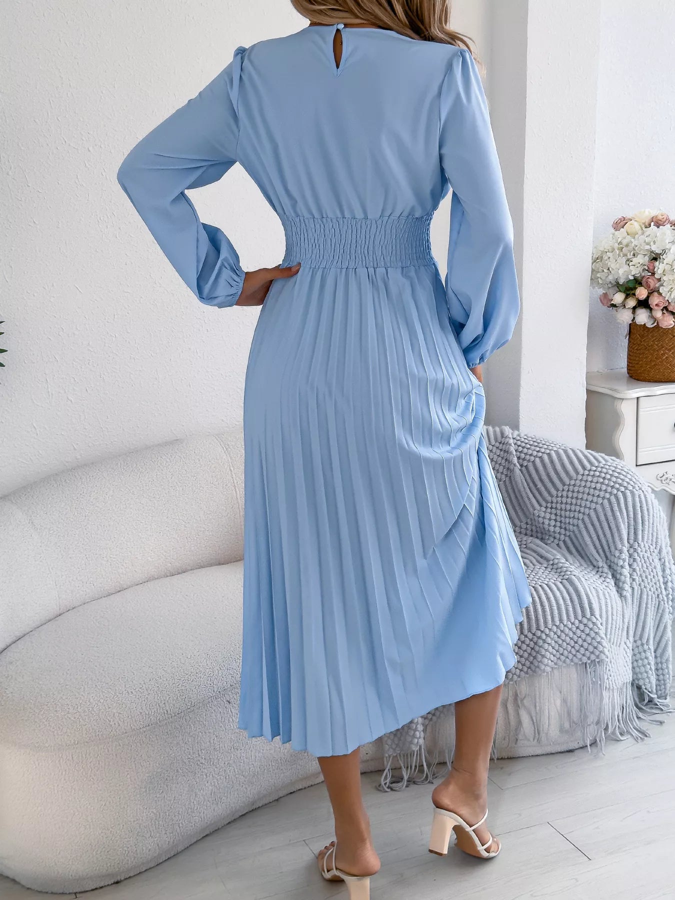 Smocked Pleated Long Sleeve Midi Dress