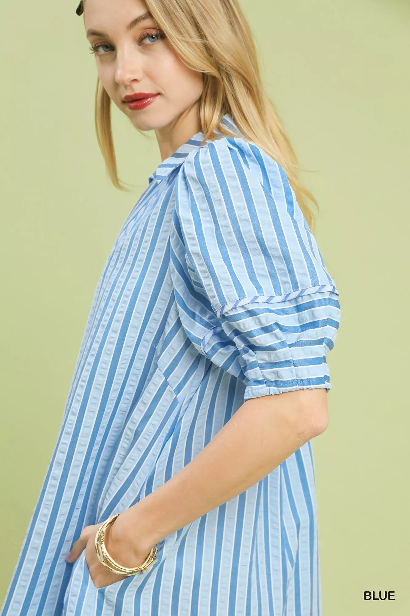Umgee Striped Puff Sleeve Midi Dress