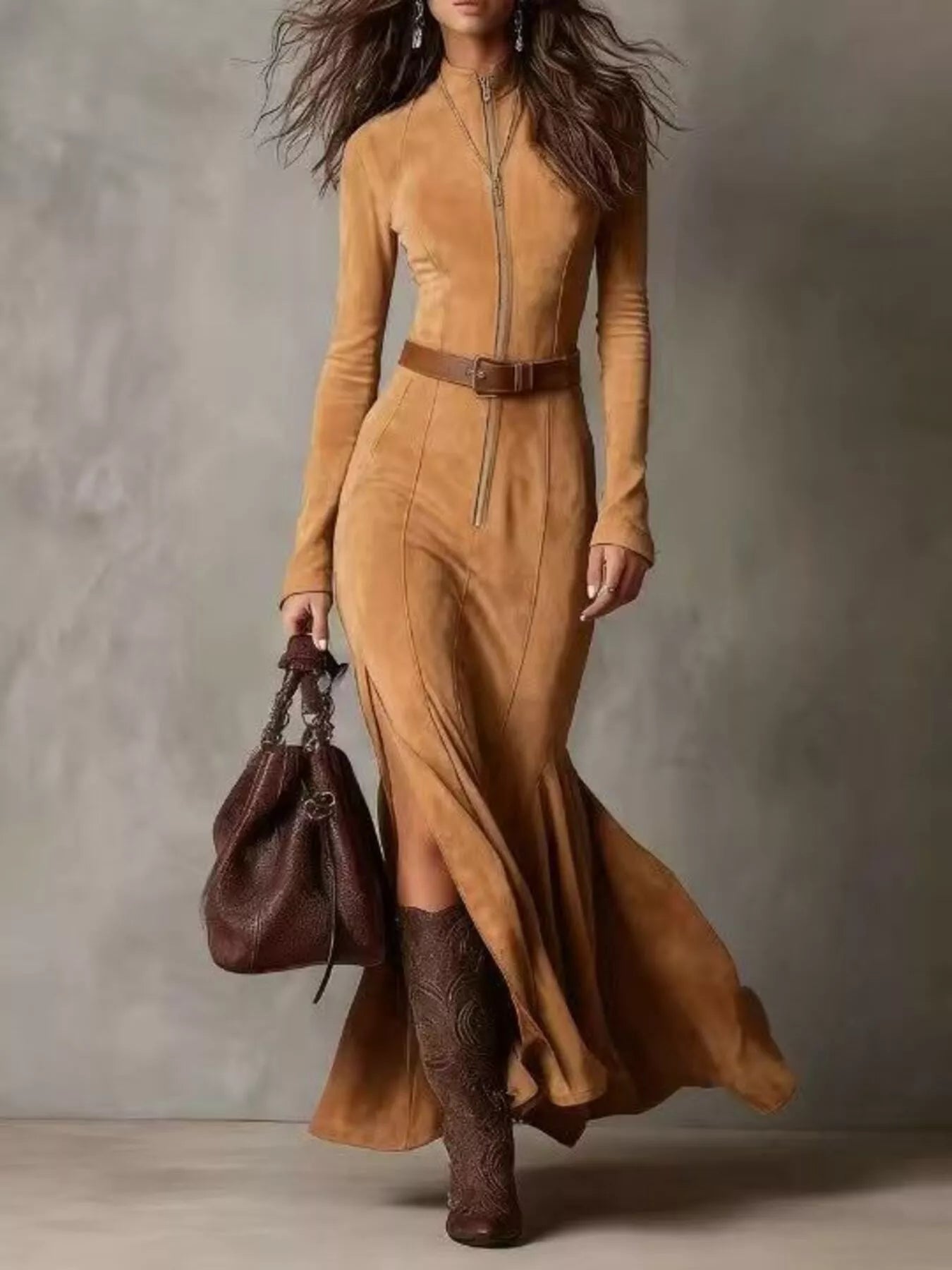 Full Size Slit Zip Front Long Sleeve Dress Plus Size