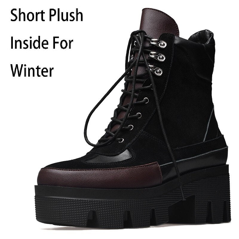 Winter Cow Leather Lace-up Women Chunky Platform Genuine Leather Ankle Boots Spring Autumn Real Leather Short Boots