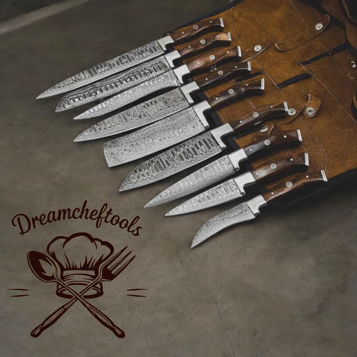 Handmade 13” Damascus Chef Knife with Bone & Resin Handle – Premium Kitchen Knife with Leather Sheath