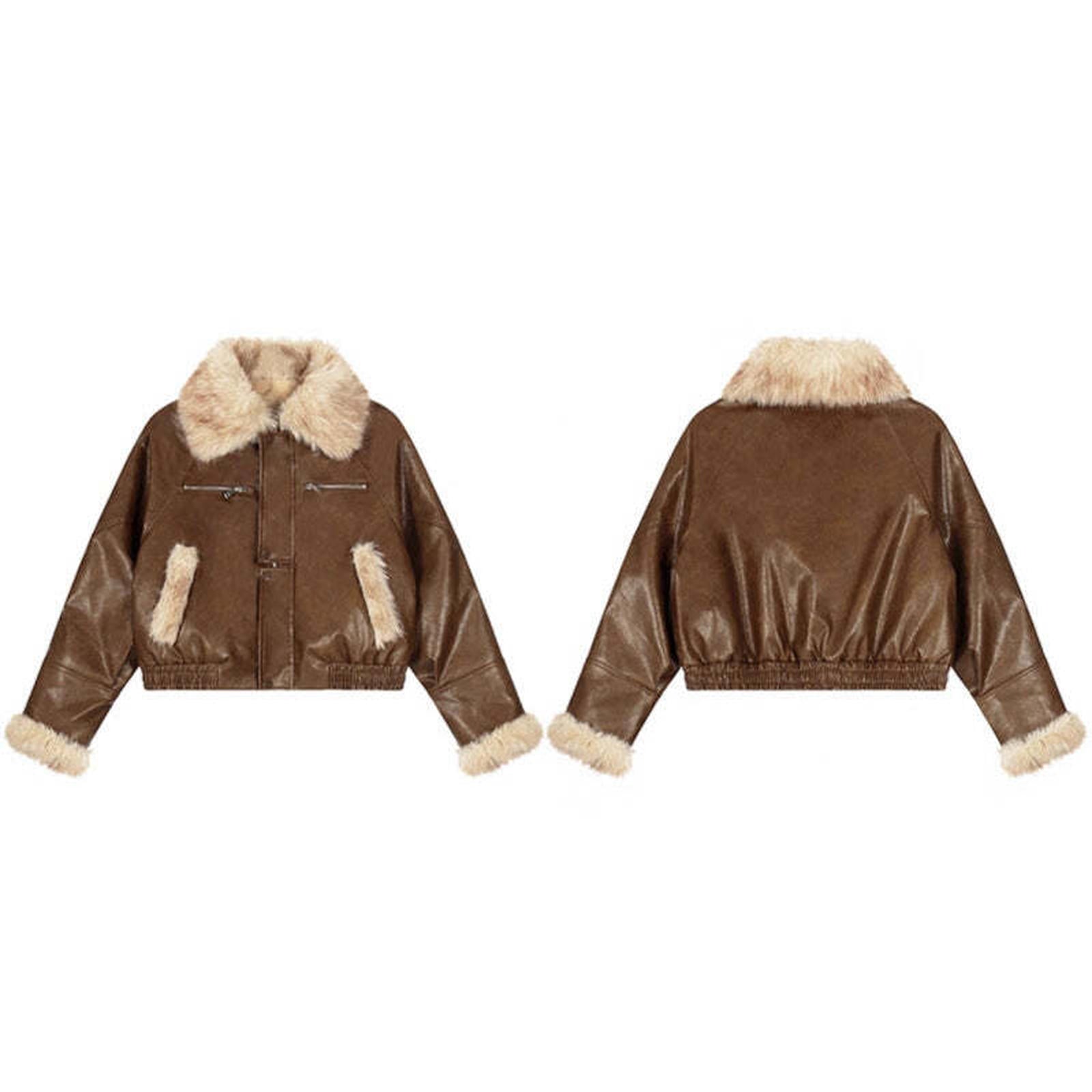 Fur Collar PU Leather Patchwork Coat Stylish Warm Fleece Lined Short Down Jacket