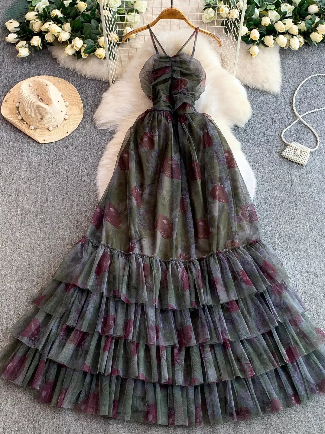 Floral Print Ruffled Layered Mesh Dress