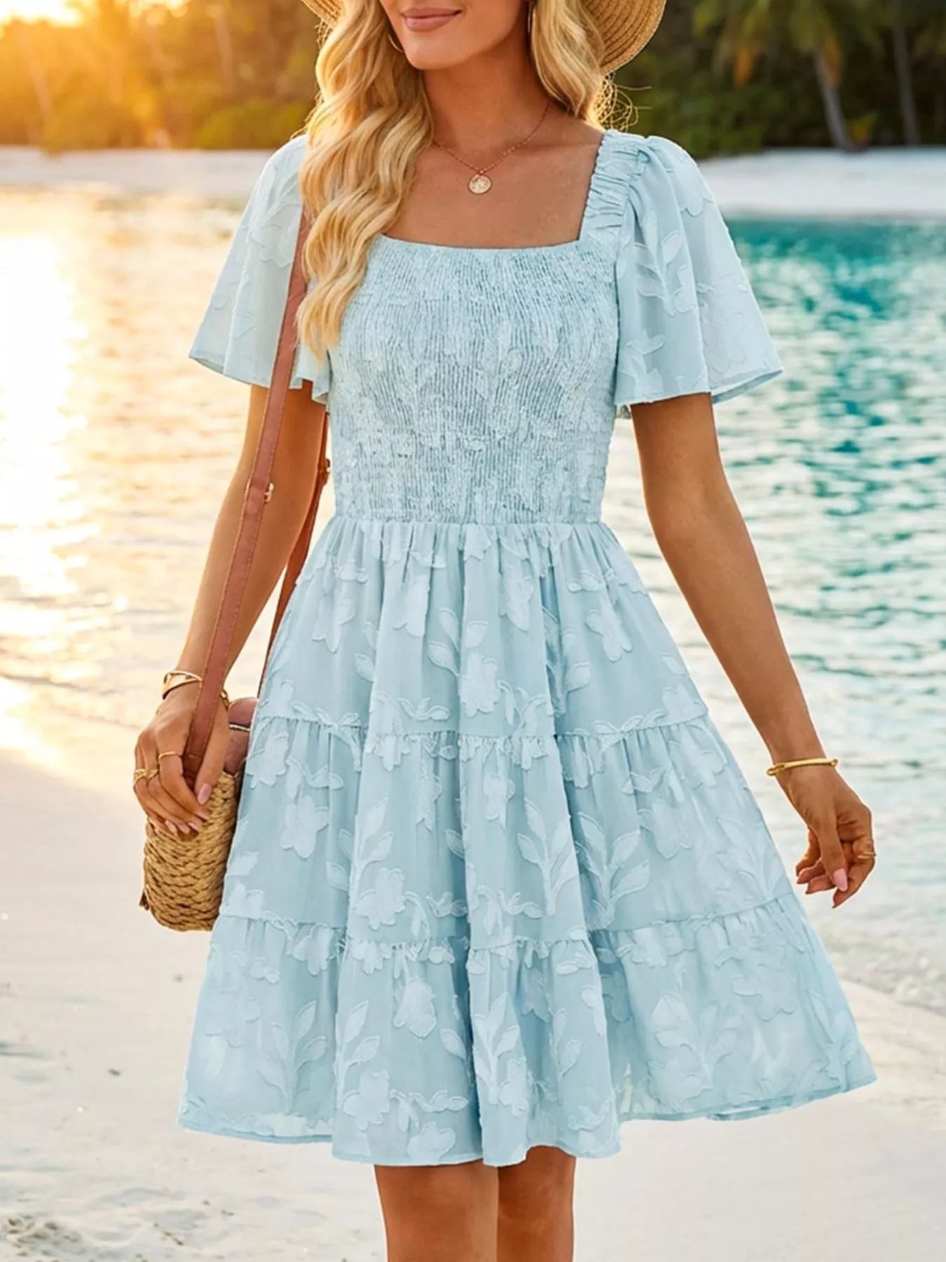 Smocked Square Neck Tiered Mini Dress
