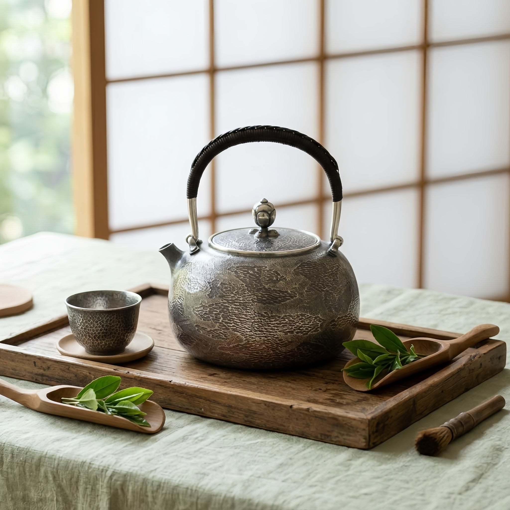 Pure 999 Fine Silver Artisanal Hammered Silver Teapot with Woven Rattan Handle and Decorative Finial - Handicraft
