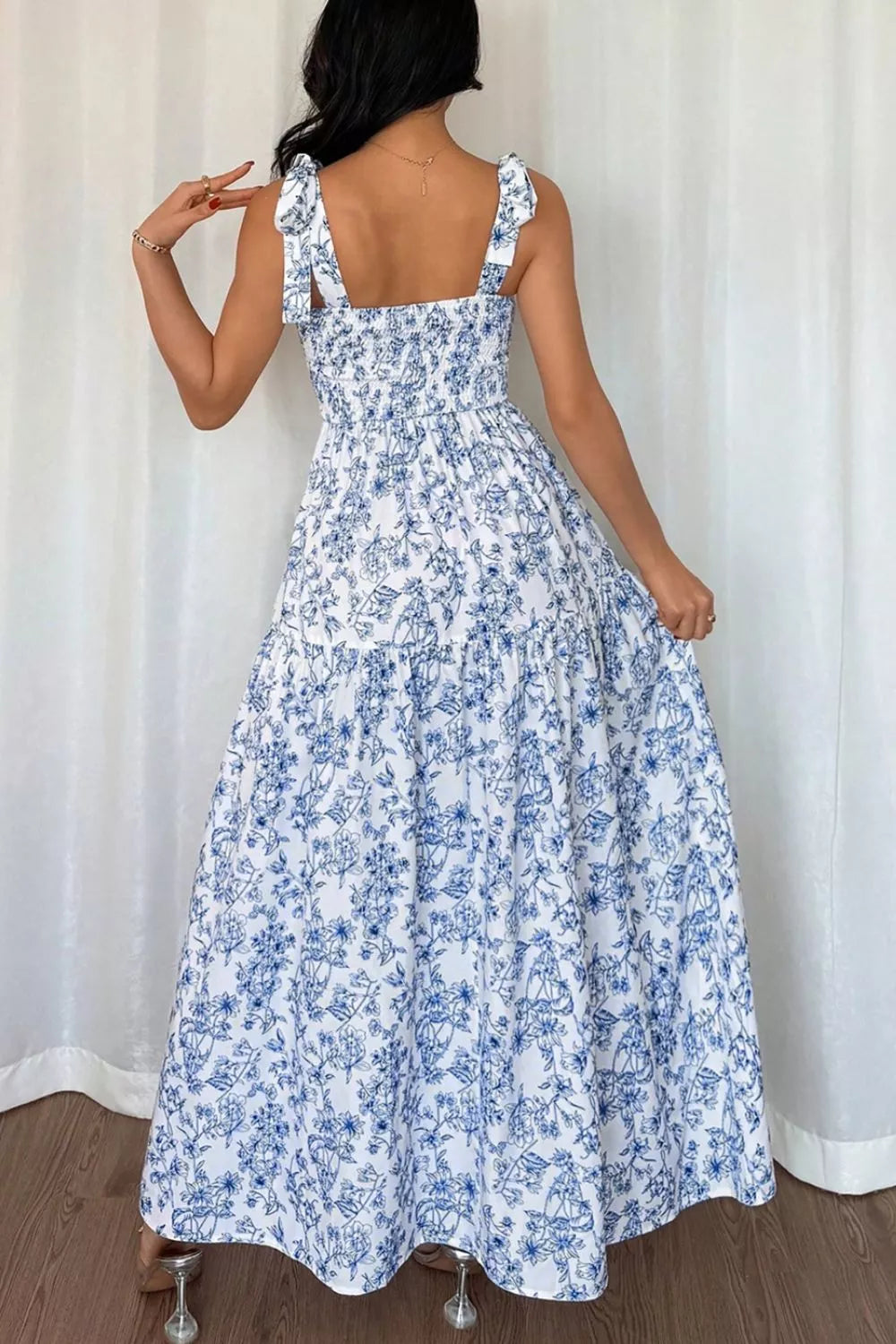 Floral Print Knot Straps High Waist Flared Maxi Dress