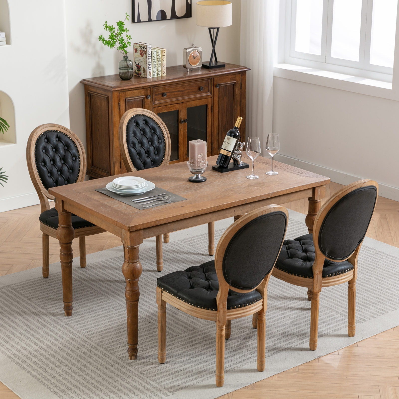 French Style Solid Wood Frame Antique Painting, Hand-Pulled Buckle Decoration Artificial Dining Chair With Nailhead Trim, Wood Legs