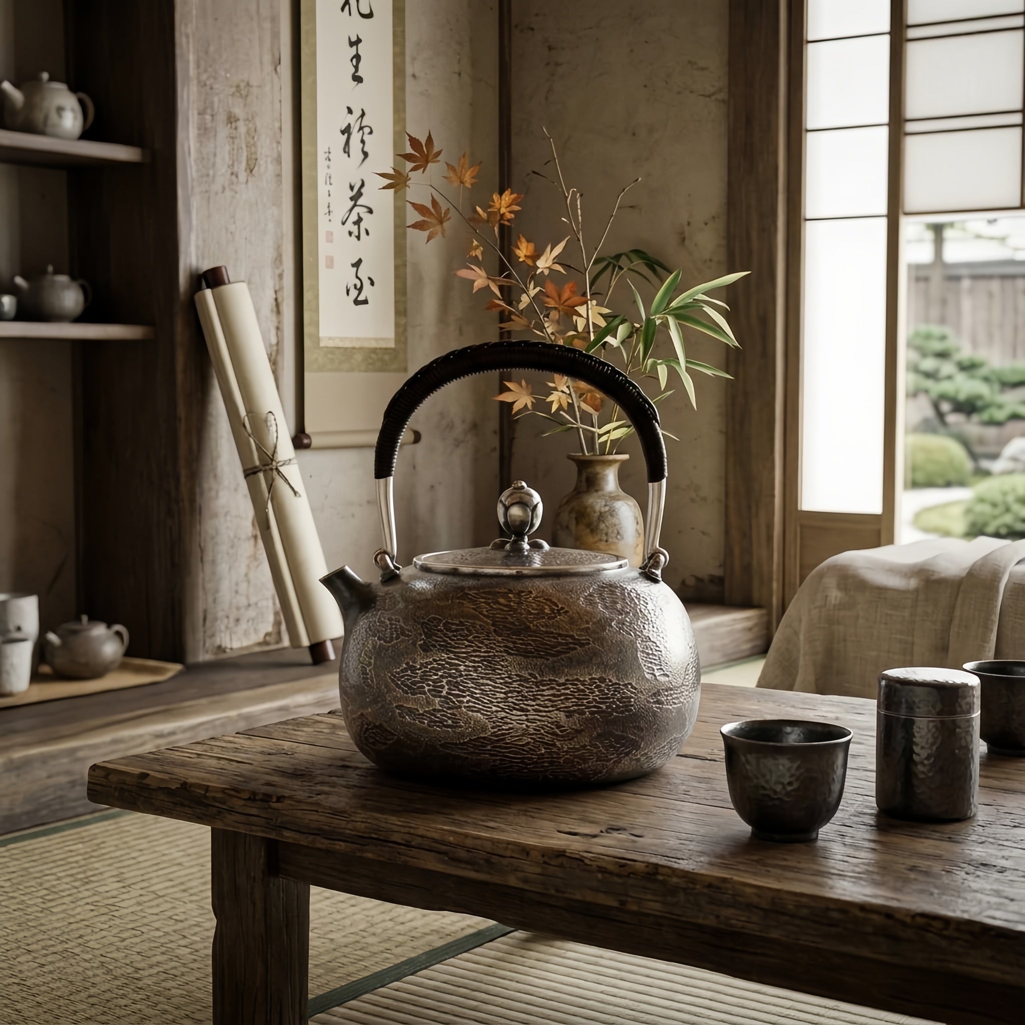 Pure 999 Fine Silver Artisanal Hammered Silver Teapot with Woven Rattan Handle and Decorative Finial - Handicraft