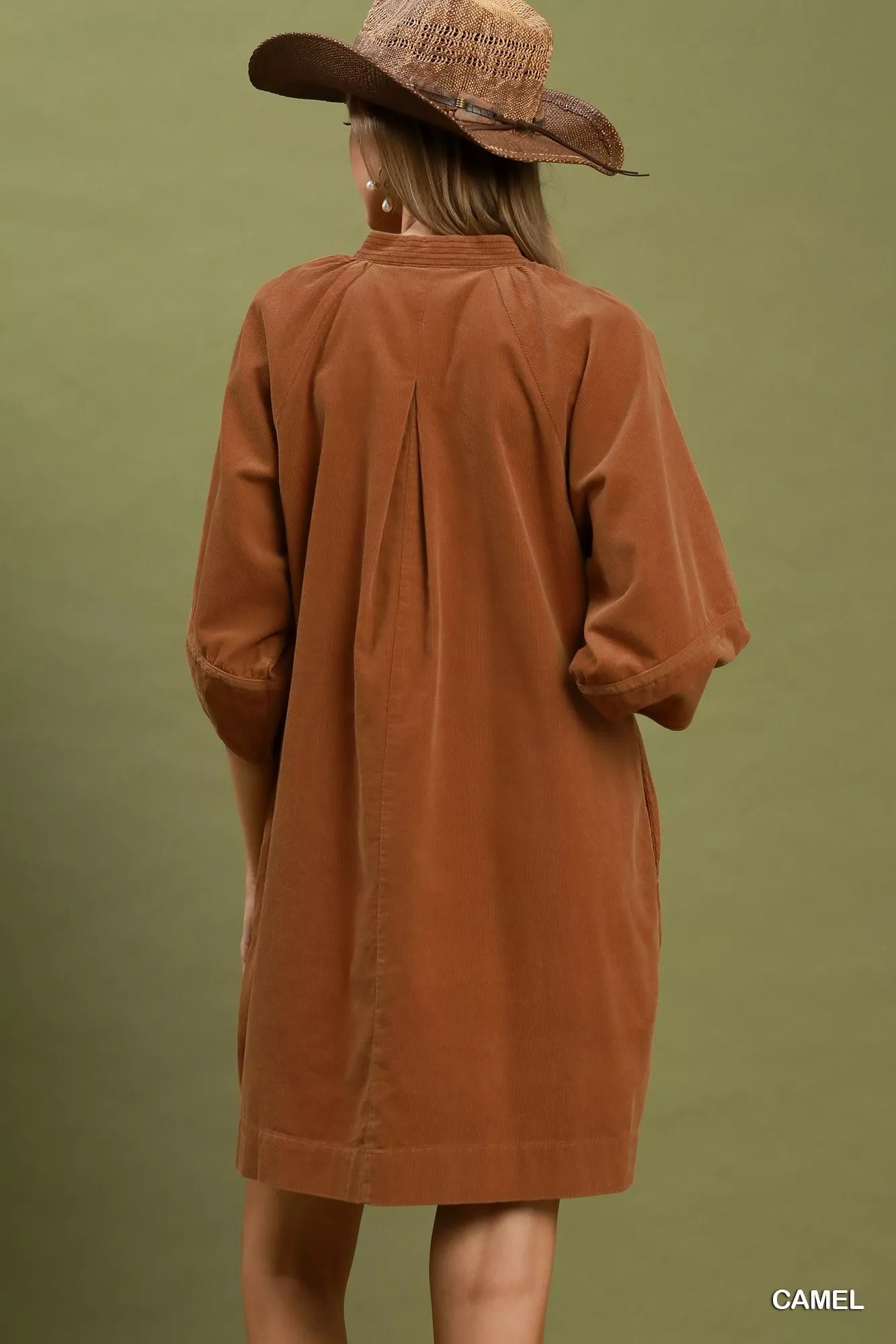 Umgee Corduroy V-Neck Puff Sleeve Shift Dress with Pockets