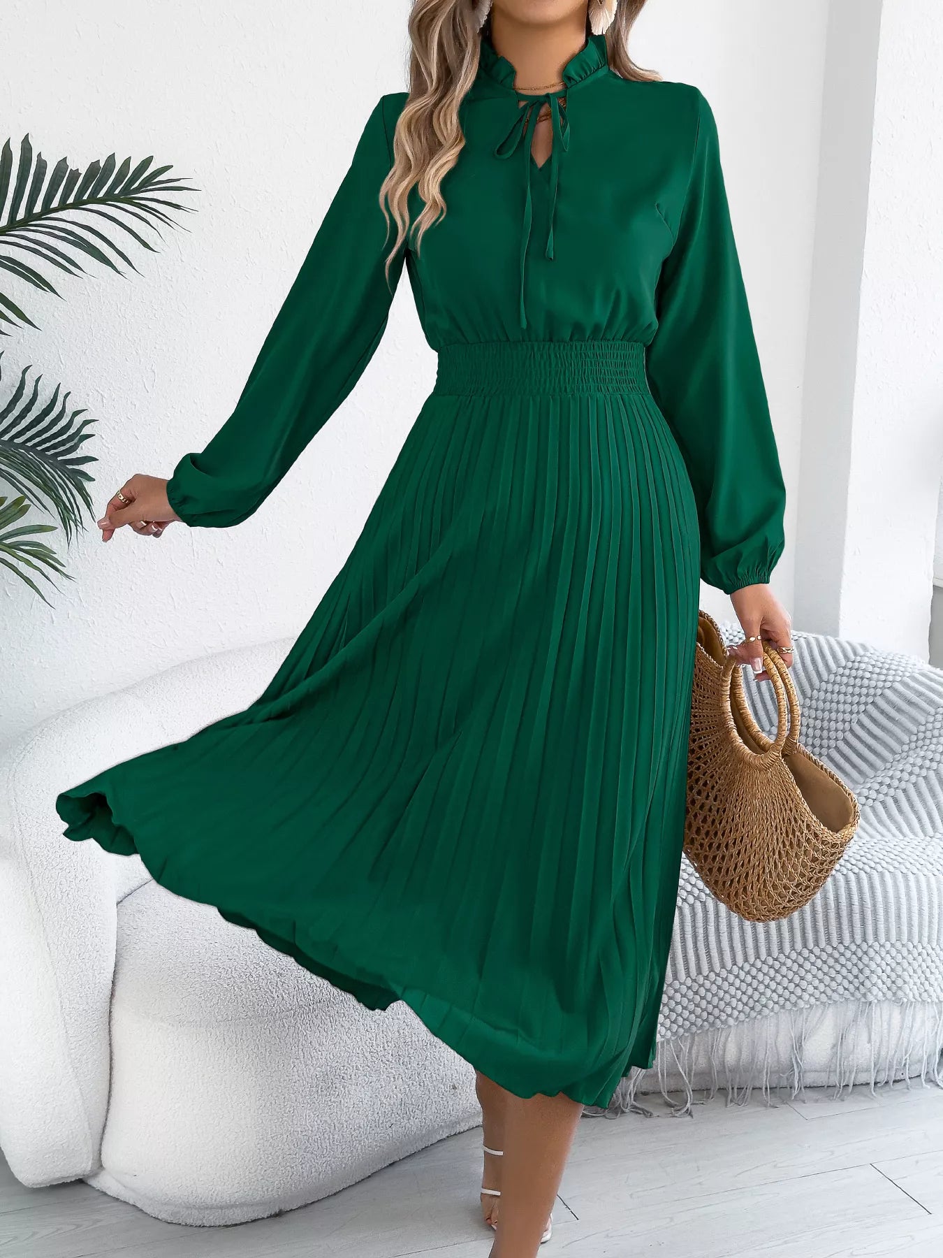 Smocked Pleated Tie Neck Dress