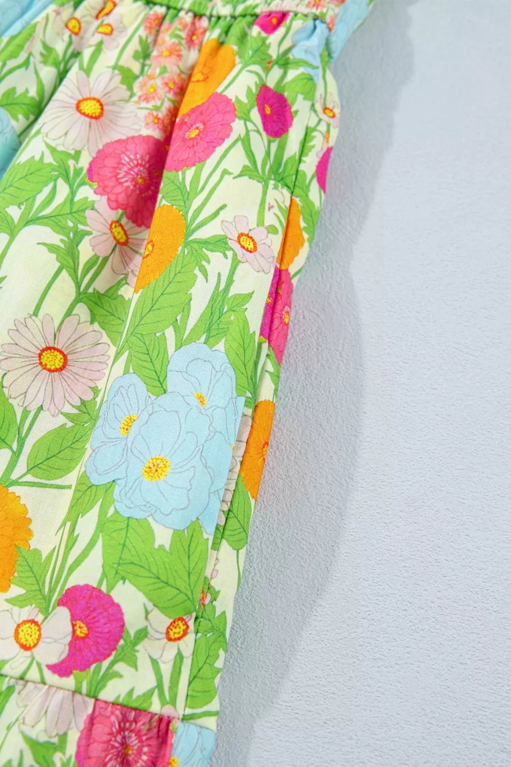 Floral Print V Neck Short Puff Sleeve Cotton Maxi Dress