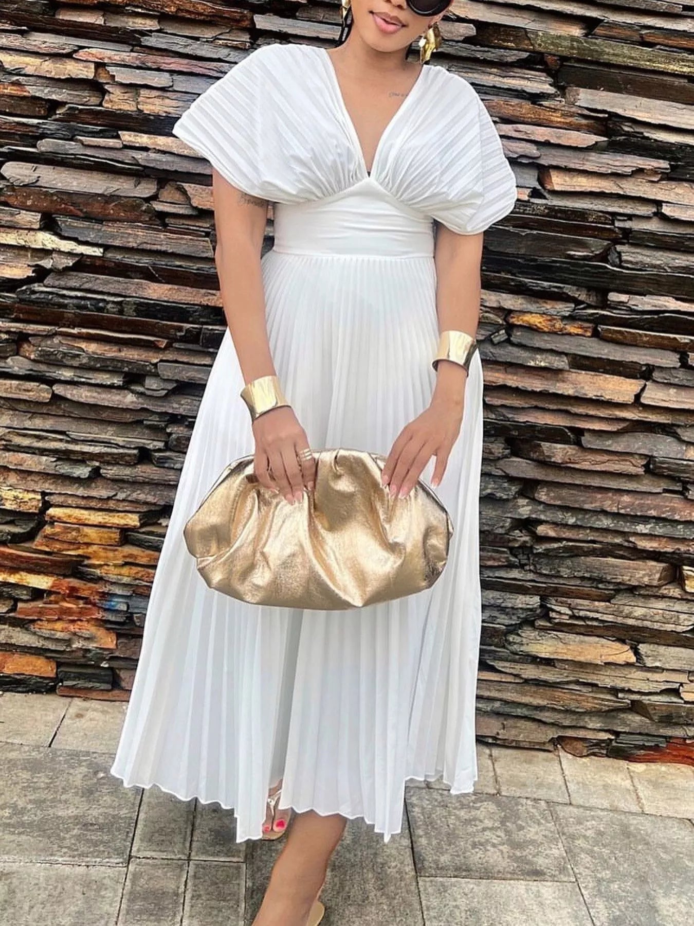 Pleated Cap Sleeve Midi Dress