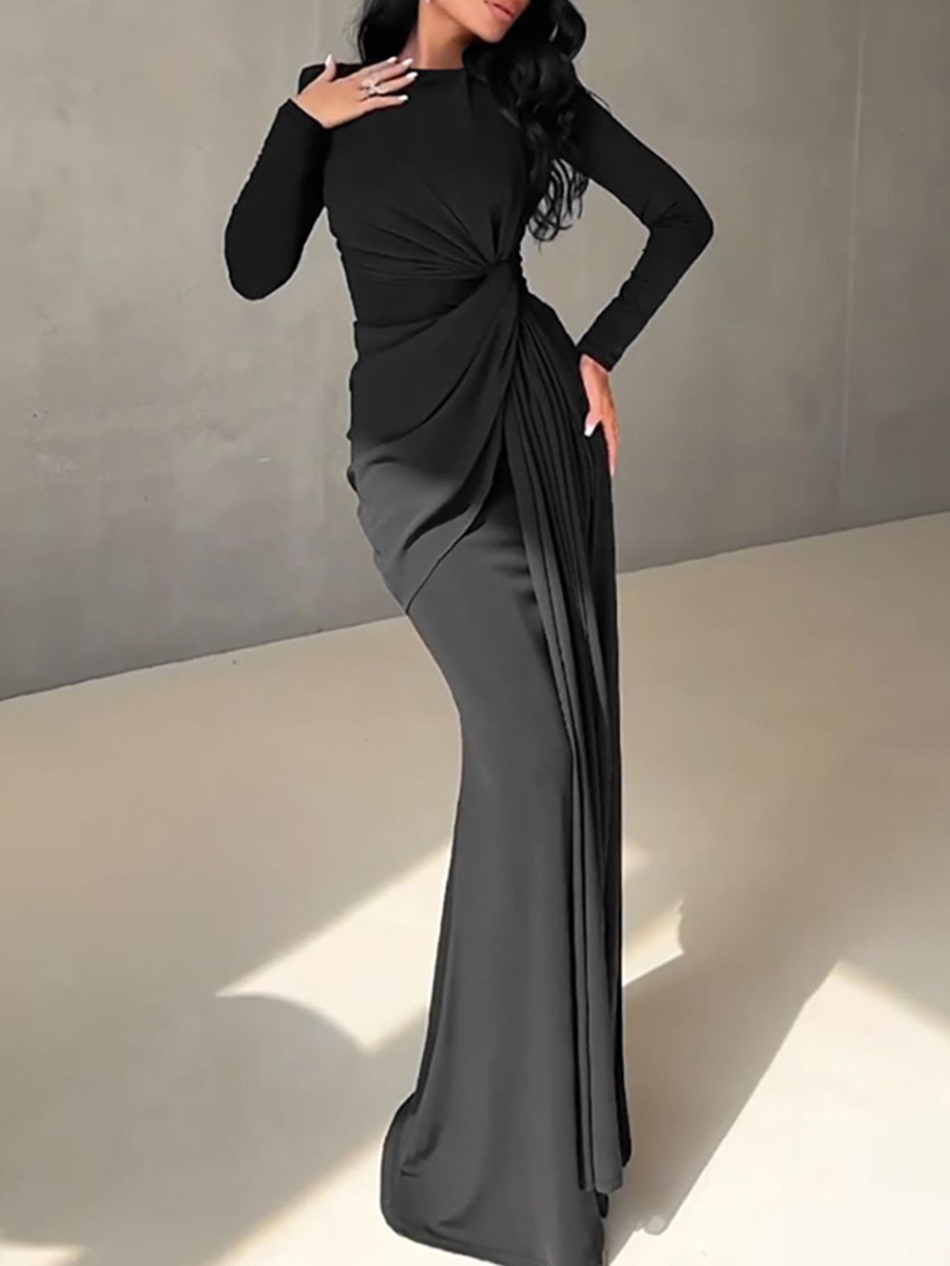 Ruched Knot Front Long Sleeve Maxi Dress