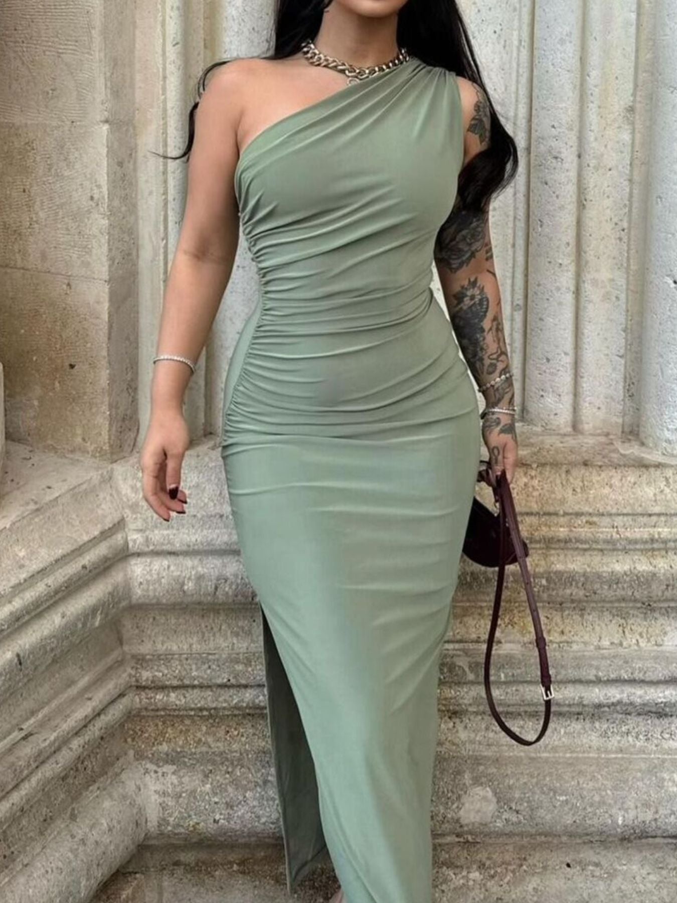 One-Shoulder Ruched Bodycon Slit Dress