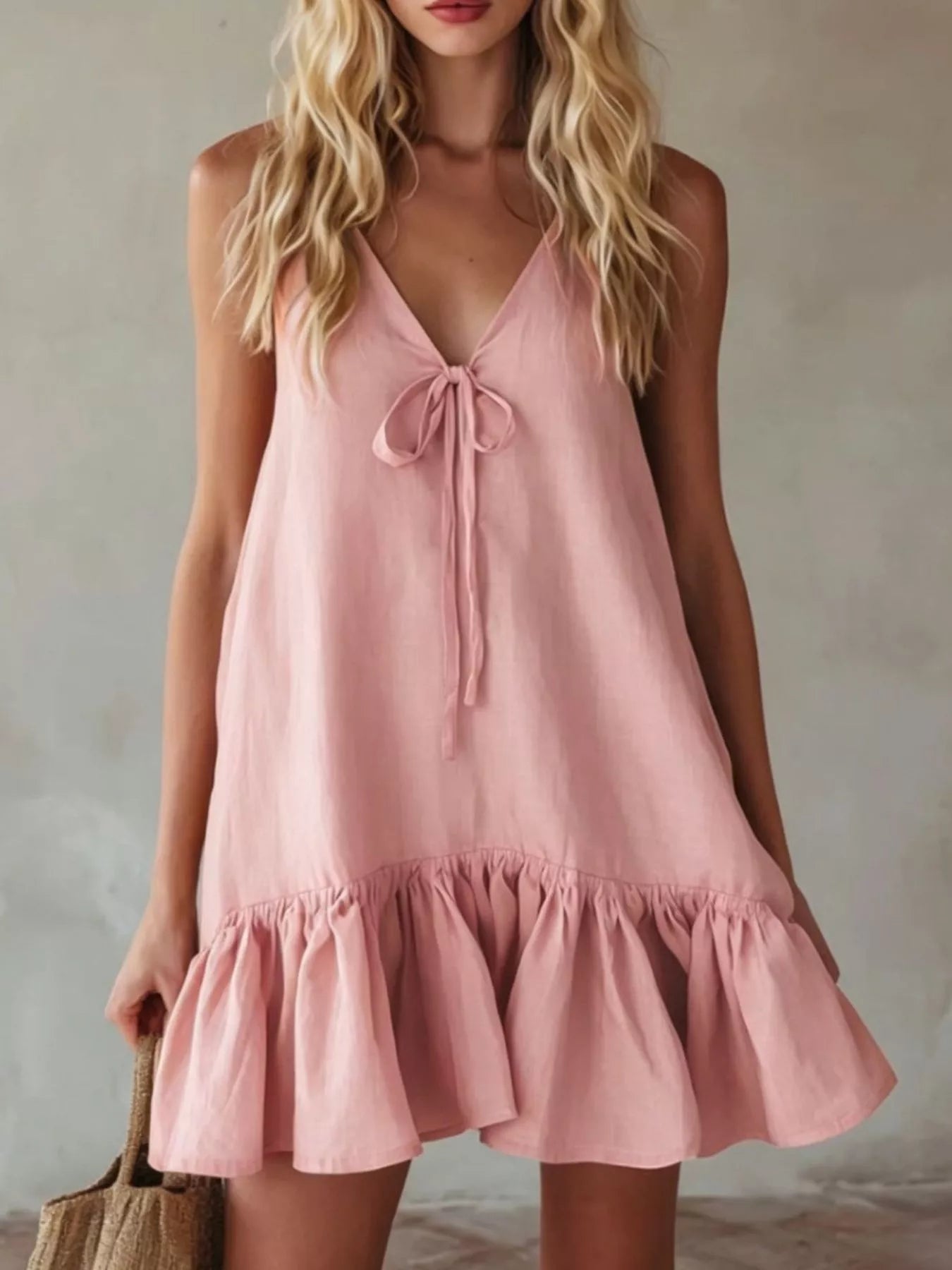 V-Neck Tie Front Ruffle Hem Mini Dress