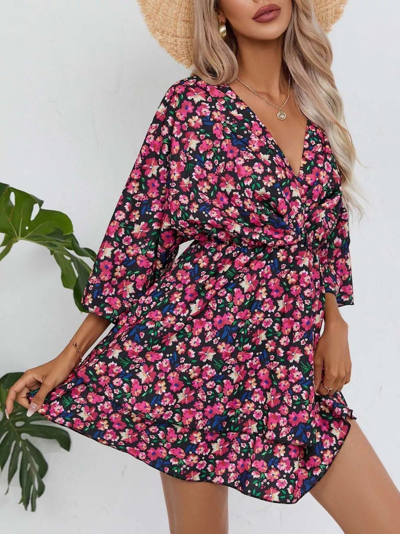 Floral Print Layered Ruffle Hem Mini Dress