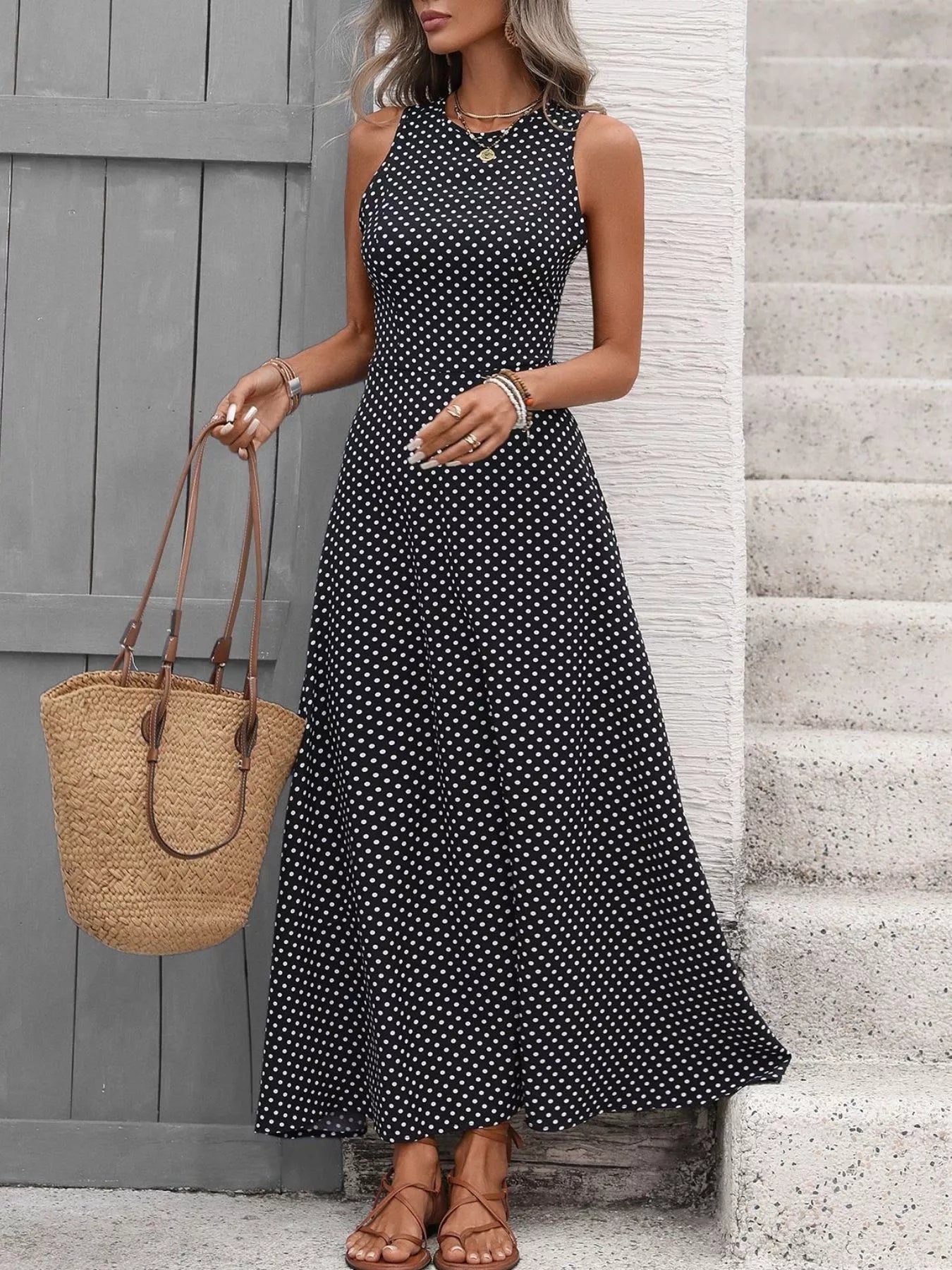 Sleeveless Polka Dot Maxi Dress