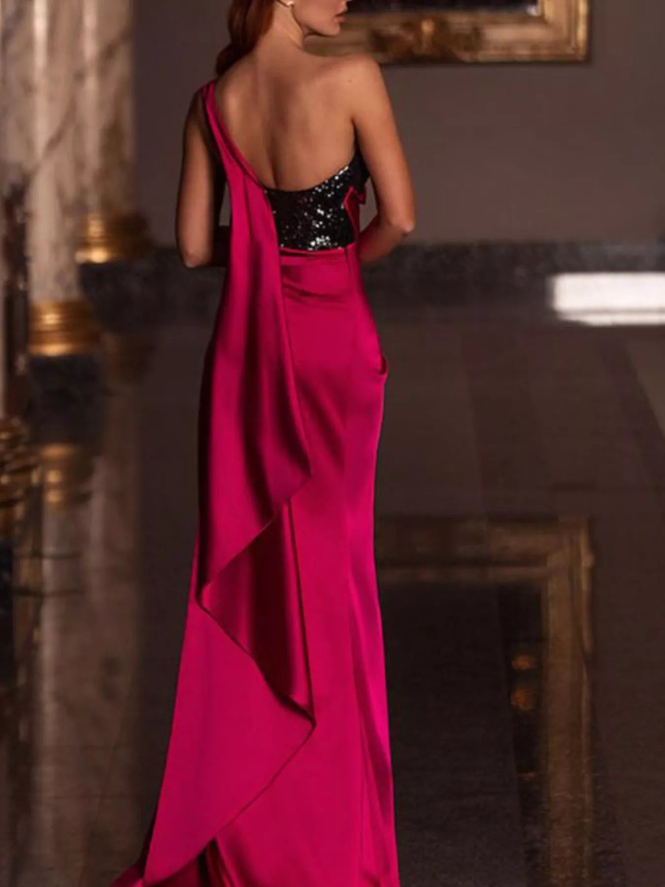 One-Shoulder Sequin Bodice Satin Gown with High Slit
