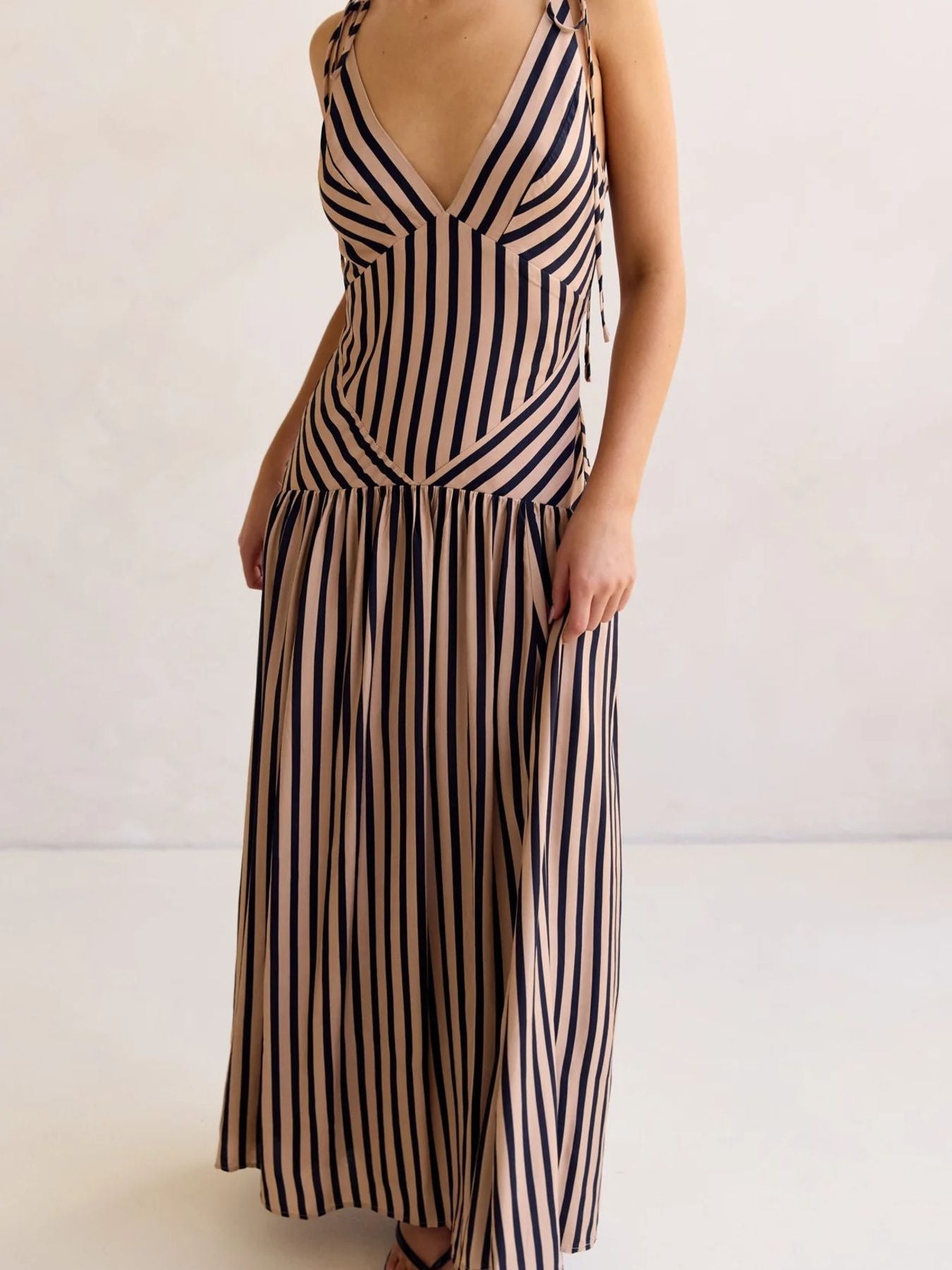 Striped V-Neck Tie-Shoulder Maxi Dress