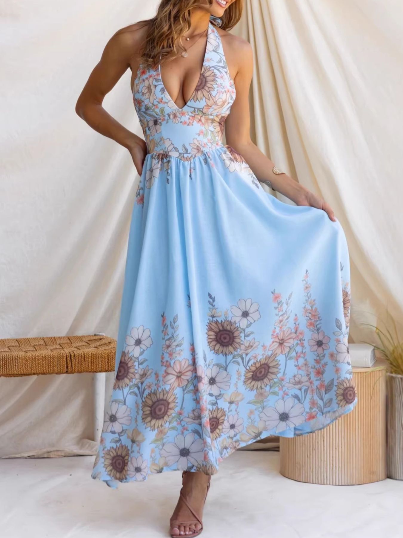 Floral Print Halter Neck Maxi Dress
