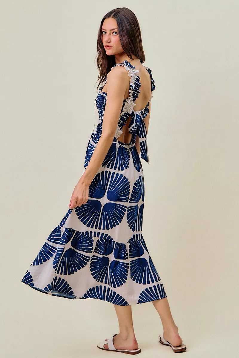SO ME Abstract Print Smocked Bodice Tiered Lined Midi Dress