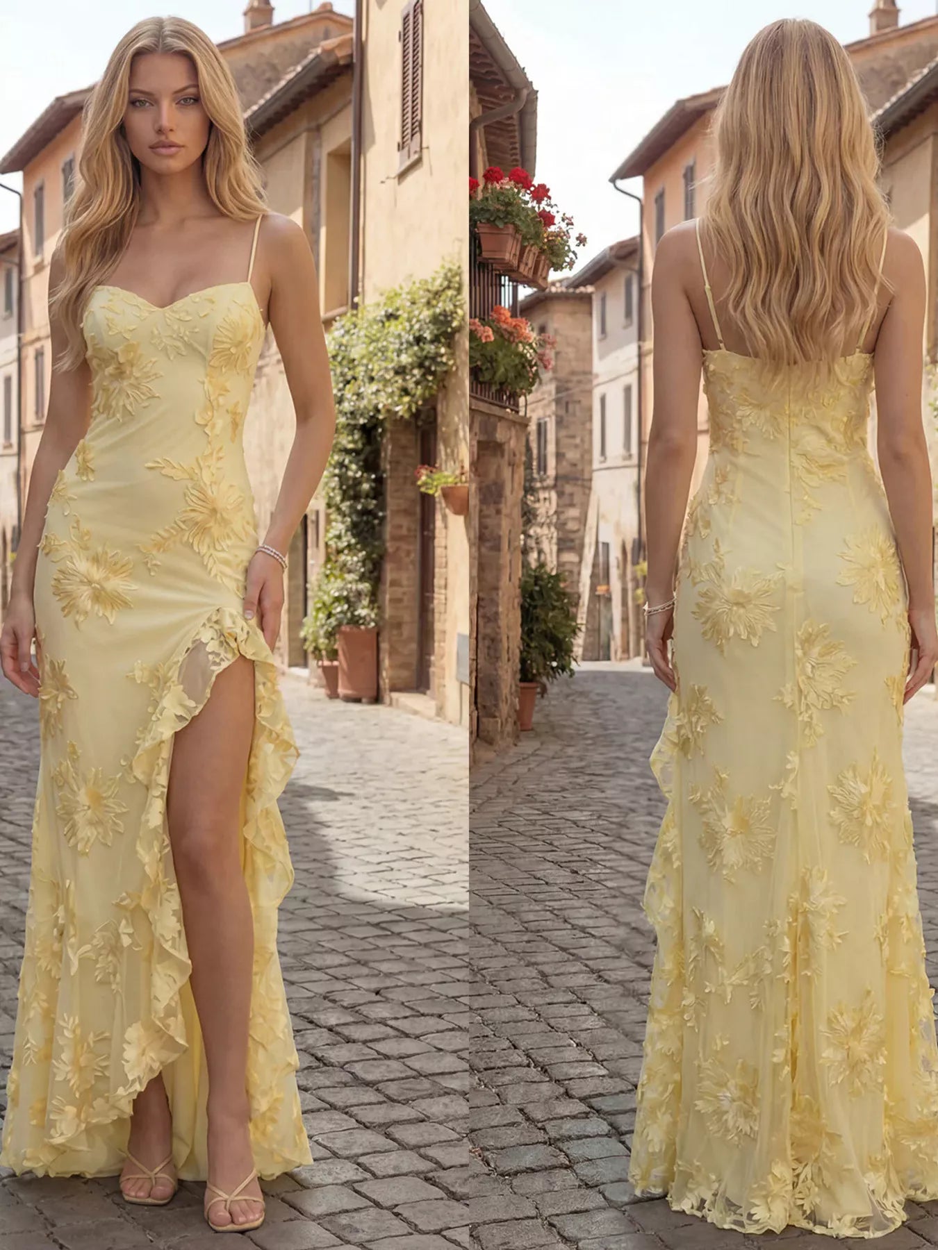 Ruffled Trim Slit Floral Maxi Dress