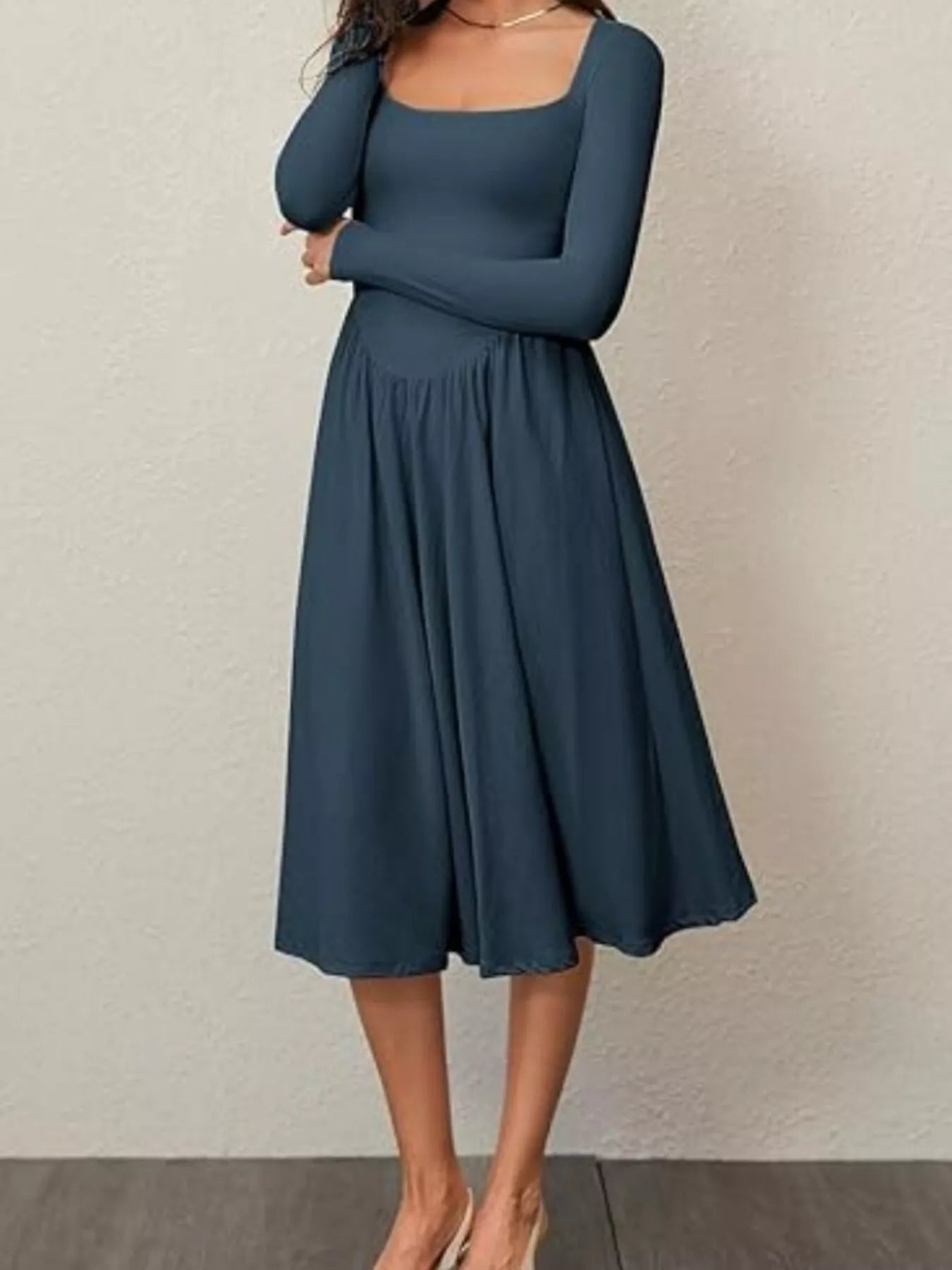 Square Neck Long Sleeve Midi Dress