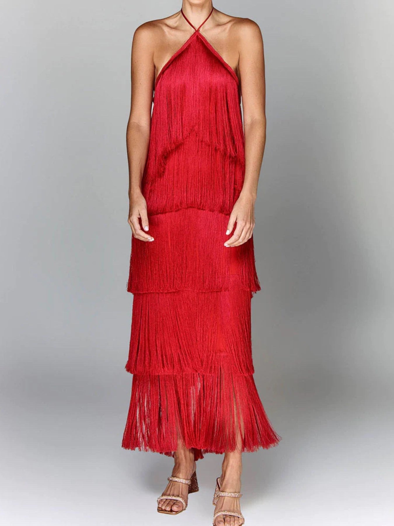 Fringe Halter Neck Maxi Dress