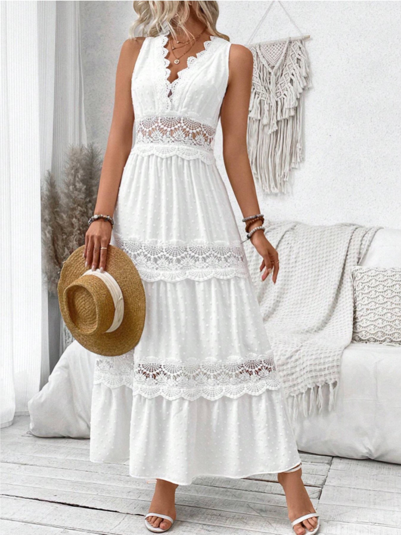 Full Size Lace Tied Swiss Dot Sleeveless Maxi Dress Plus Size